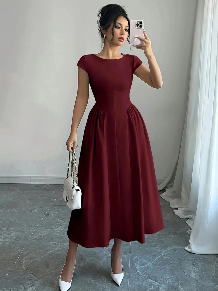 Elegant Deep Burgundy Fit & Flare Midi Dress