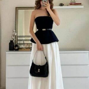 Elegant Black & White Strapless Peplum Maxi Dress for Women