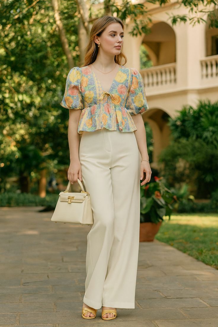 Elegant Floral Puff Sleeve Top with High-Waist Wide-Leg Pants Se