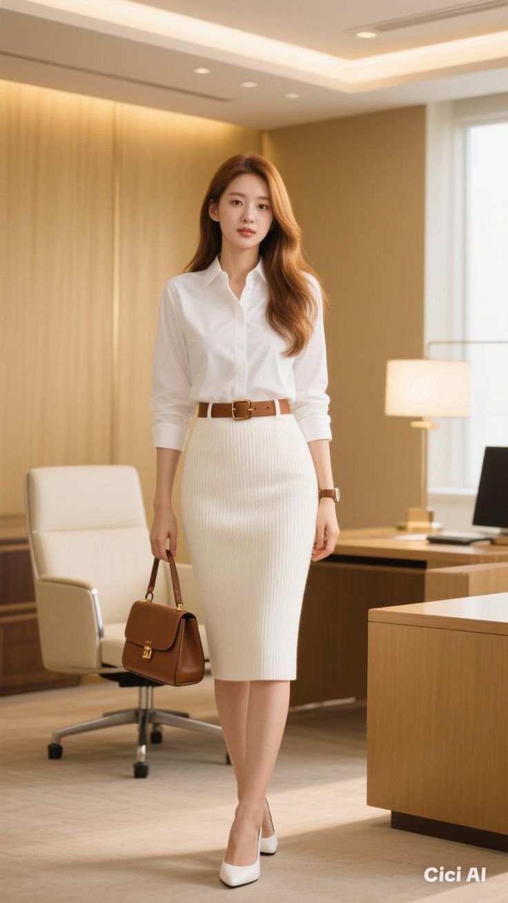 Elegant White Office Pencil Skirt & Shirt Set for Women
