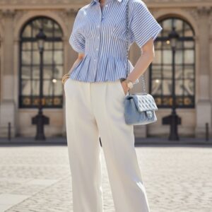 Striped Peplum Shirt with Elegant White Trousers