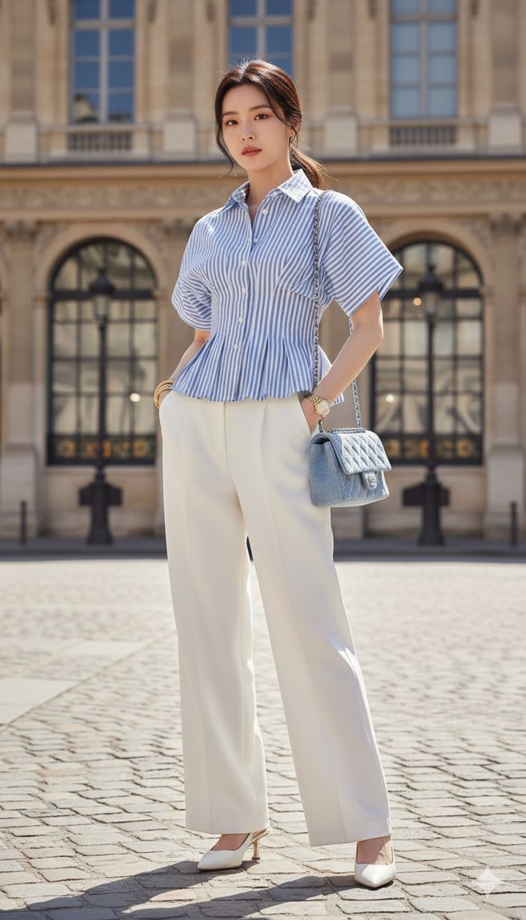 Striped Peplum Shirt with Elegant White Trousers